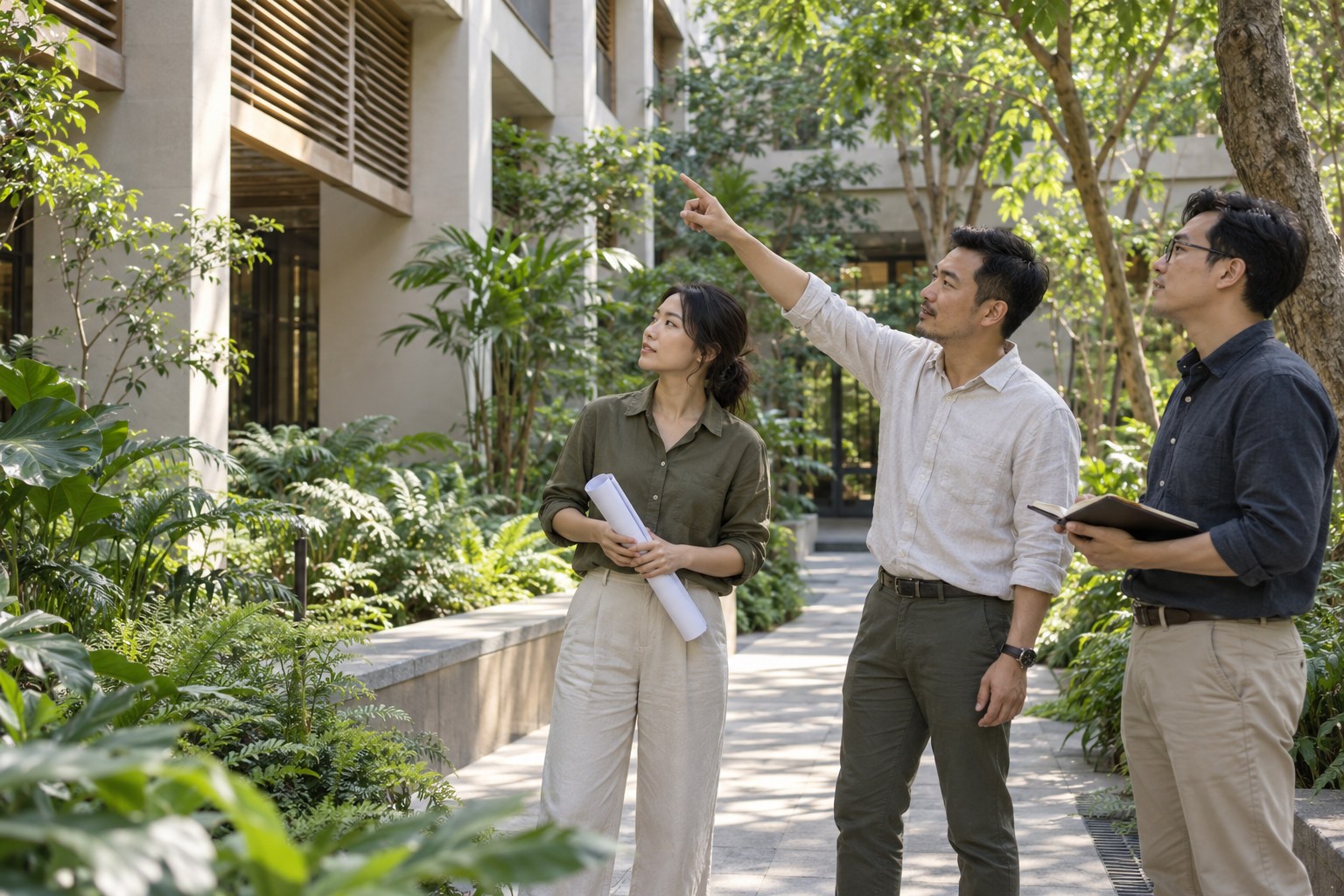 咨询团队在建筑庭院观察遮阳与场地环境，AI 生成示意图